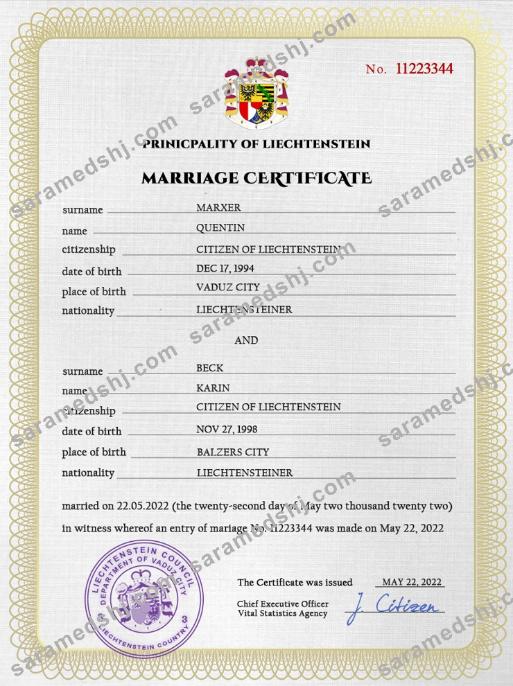Liechtenstein marriage certificate PSD template